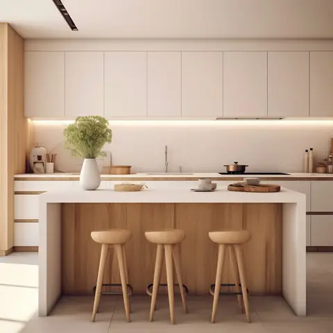 Render of a light-oak island kitchen with handleless white flat-panel cabinetry and three turned-wood counter stools.