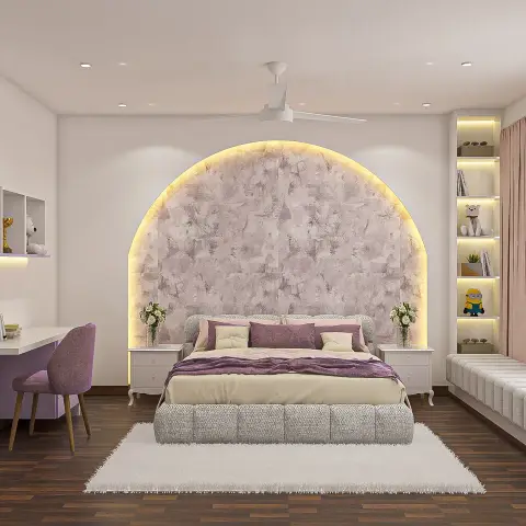 Render of a lilac-and-cream child's bedroom where a backlit arched textured panel frames the bed