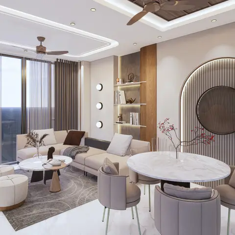 Render of a living-dining space where a cream modular sofa faces a round marble coffee table on a swirl-pattern rug