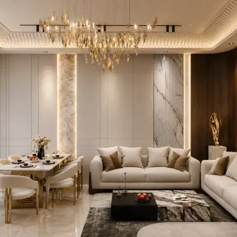 Render of a living-dining where a long amber-glass leaf chandelier hangs over a book-matched marble slab and fluted walnut feature wall