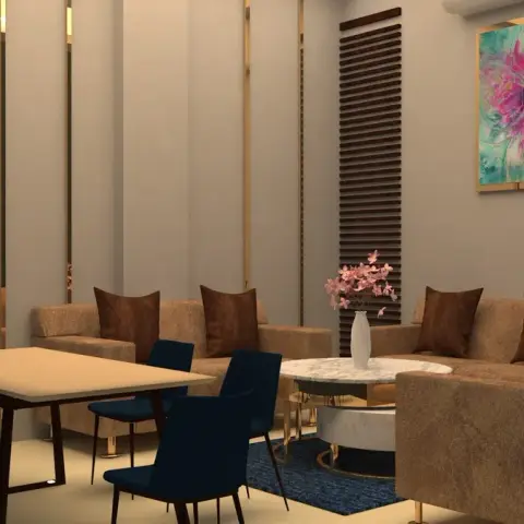 Render of a living-dining where two beige fabric sofas with brown cushions ring a two-tier round marble coffee table