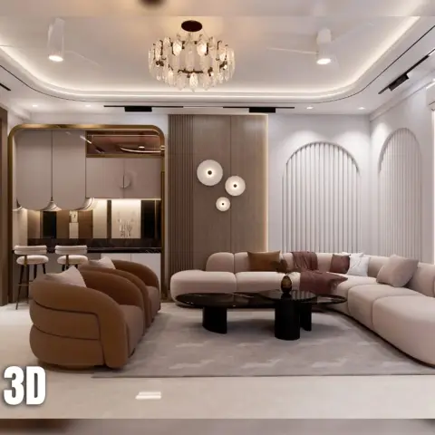 Render of a living room built around a curved cream sectional and two tan bouclé barrel chairs, with backlit fluted arch niches