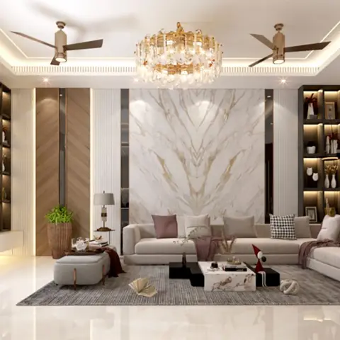 Render of a living room centred on a book-matched white-and-gold marble feature wall, flanked by backlit dark display niches and fluted panels