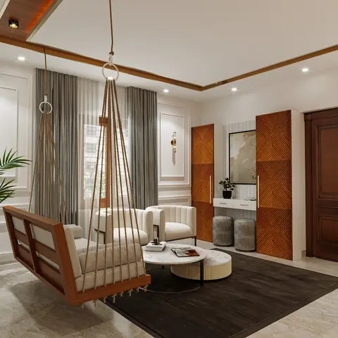 Render of a living room centred on a rope-hung wooden swing seat, facing a carved dark-wood main door and fluted orange wood wardrobe panels.