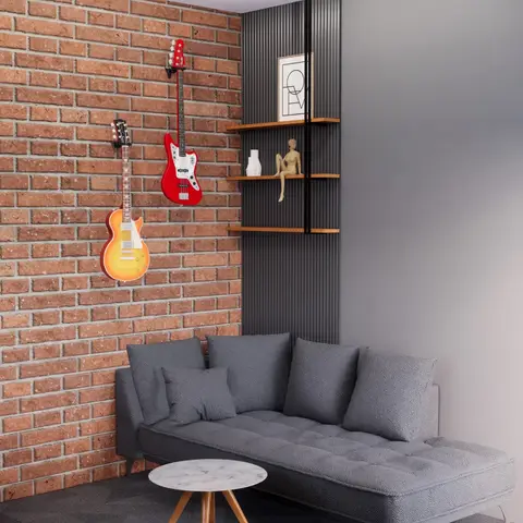 Render of a living-room corner with an exposed brick wall displaying wall-mounted guitars, a dark fluted panel with floating wood shelves