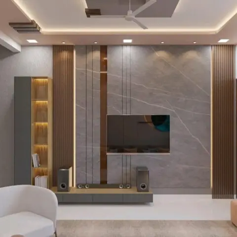 Render of a living-room feature wall with grey stone cladding, fluted wood panelling, a floating TV console and backlit display shelving.