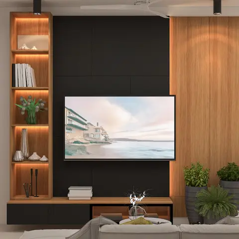 Render of a living room feature wall with a black-and-wood-panelled TV unit, backlit open shelving styled with books and vases