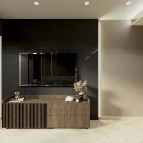 Render of a living room feature wall in high-gloss black panelling with a wall-mounted TV