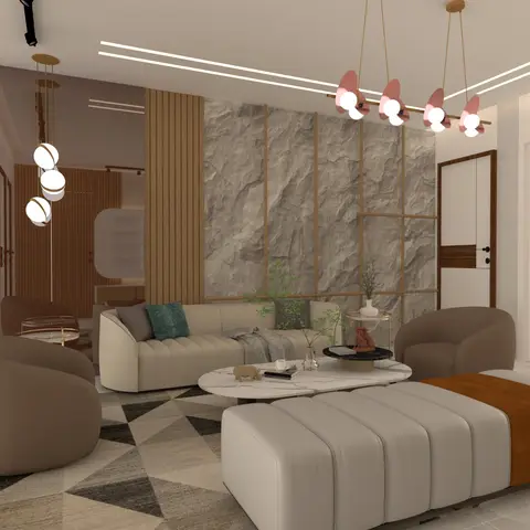 Render of a living room fronted by a rock-face stone cladding wall gridded in slim brass strips, a fluted wood panel to its left