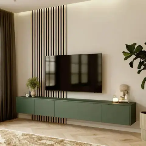 Render of a living-room media wall: a long olive-green handleless floating console under a wall-mounted TV, black vertical slats on an oak backing behind it