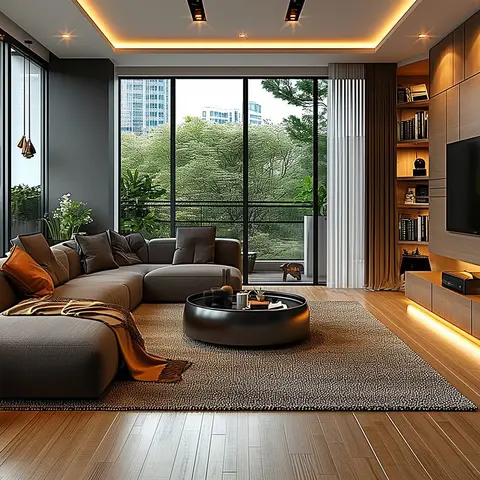 Render of a living room opening onto treetops through black-framed full-height glazing, with a taupe sectional and rust throw