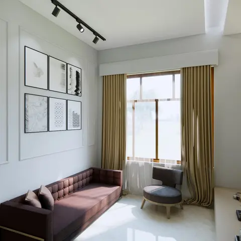 Render of a living room reading nook with a burgundy tufted-velvet sofa and a grey boucle accent chair by a curtained window