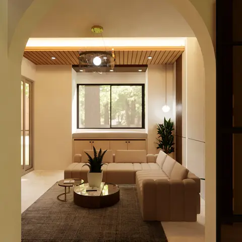 Render of a living room seen through an arched doorway, with a channel-tufted beige sectional sofa and nested round coffee tables on a patterned rug beneath a