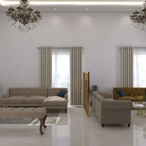 Render of a living room split into two seating areas by a slatted wood partition, each with tufted sofas beneath a crystal chandelier