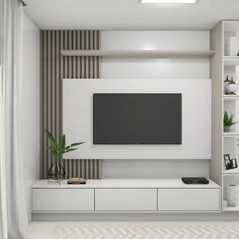 Render of a living room TV wall with fluted wood-toned wall panelling, a floating white TV console, and open display shelving.