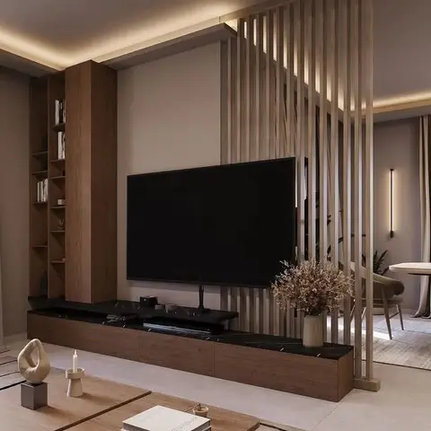 Render of a living-room TV wall with a floating dark-topped wood console and a fluted timber slat partition with cove lighting