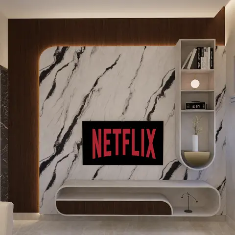 Render of a living room TV wall with a book-matched marble slab panel bordered in dark wood veneer, a curved floating console