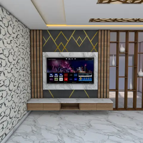 Render of a living room TV feature wall with a charcoal-and-gold zigzag backdrop, fluted wood panelling, and a marble-top floating console