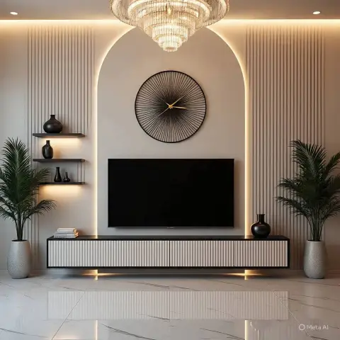 Render of a living-room TV wall where a back-lit plain arch is cut into full-height fluted panelling