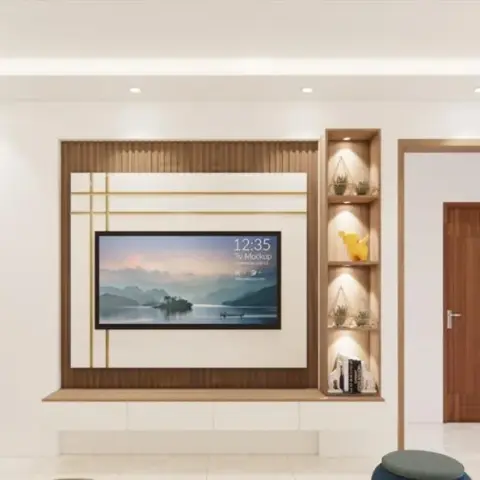 Render of a living-room TV wall: fluted teak panel wrapping a white centre inset crossed by thin brass strips