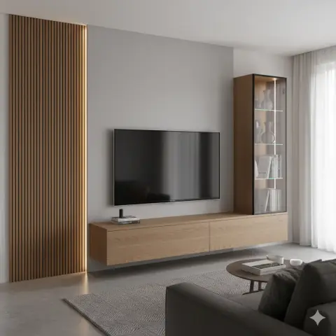 Render of a living-room TV wall: a full-height oak slat panel with a concealed LED strip down its edge