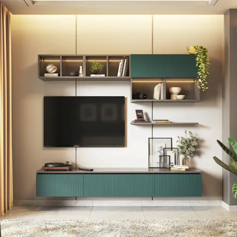 Render of a living room TV wall with fluted teal-green cabinetry, open display shelving styled with books and plants, and mustard floor-length curtains.