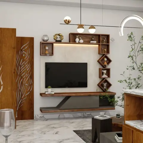 Render of a living room TV wall in marble-look cladding with a floating teak console, stacked diamond and box display niches