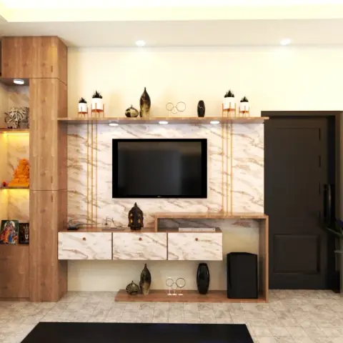 Render of a living room TV wall in beige marble-look cladding with hanging brass rod detail