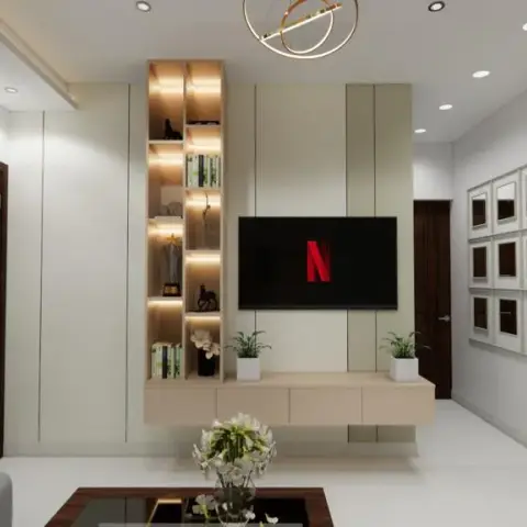 Render of a living-room TV wall: a floating beige console under a wall-mounted TV on a sage-and-ivory grooved panel