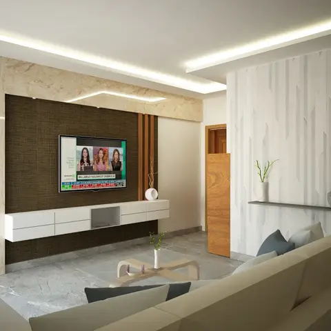 Render of a living room TV wall combining marble cladding, a dark woven-texture TV panel, and vertical wood fluted trim
