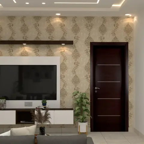 Render of a living room TV wall in beige damask wallpaper, with a white floating console