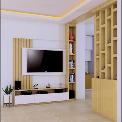 Render of a living room TV feature wall with fluted wood panelling, an open display shelf styled with books