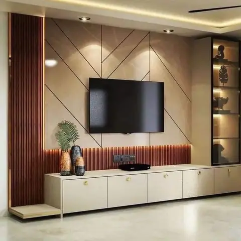 Render of a living room TV wall with reeded wood cladding, geometric line-inlay marble panelling, and a lit glass display niche beside a floating cream console.