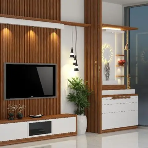 Render of a living room TV wall in fluted wood panelling with white display niches styled with decor objects, cluster pendant lights