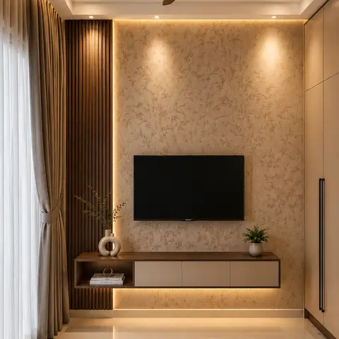 Render of a living room TV wall with gold botanical-print wallpaper, a cove-lit POP ceiling, a floating wood TV console, fluted wood side panelling