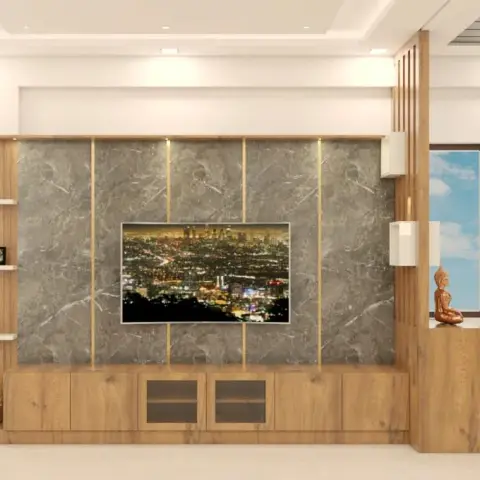 Render of a living-room TV wall in five grey marble-effect panels split by slim brass strips, with an oak-laminate console below