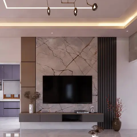 Render of a living room TV wall in book-matched grey marble with dark fluted wood slats, a floating console below