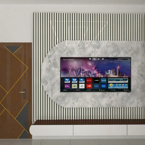 Render of a living room TV wall combining fluted slat panelling with an organic marble-look feature panel