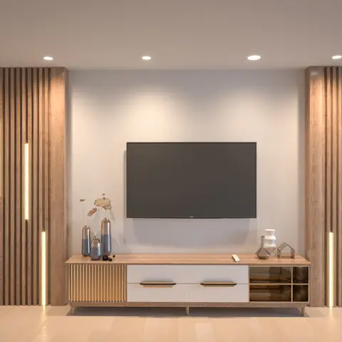 Render of a living room TV wall flanked by fluted wood panelling with integrated vertical LED strip lights