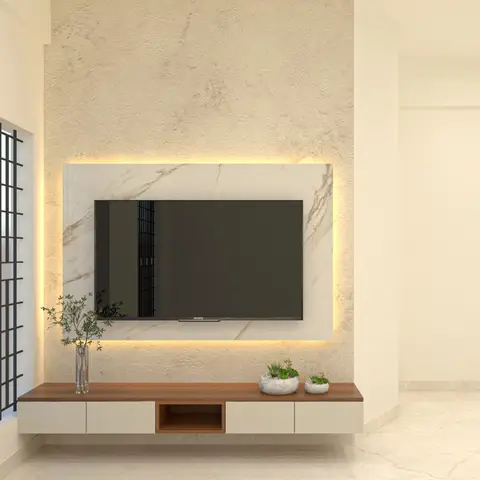 Render of a living room TV wall with a backlit marble panel set into a textured plaster wall above a floating walnut console