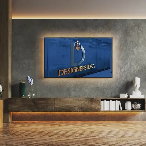 Render of a living room TV wall with a backlit textured grey stone panel, a floating dark-wood console with open book shelving