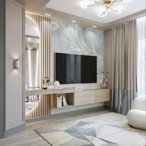Render of a living room TV wall in pale oak fluting with an arched backlit mirror at one end