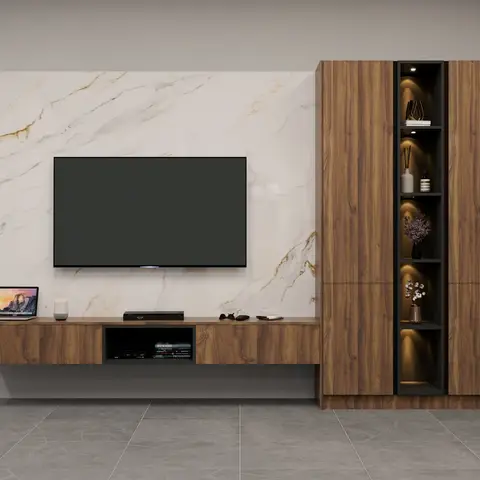 Render of a living room TV wall with gold-veined white marble cladding and a walnut wood-veneer TV console beside a tall backlit display cabinet styled
