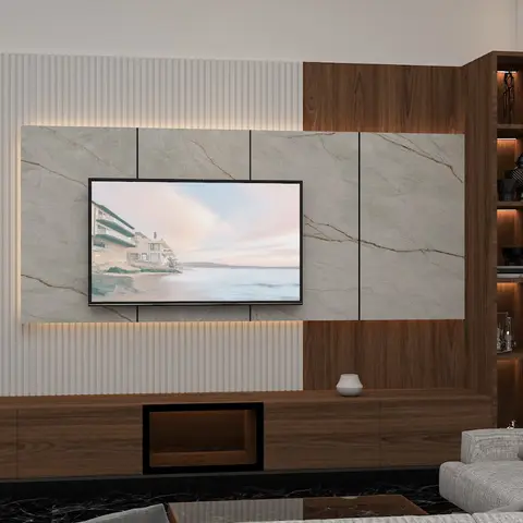 Render of a living room TV wall combining fluted white wood panelling, a book-matched marble backdrop