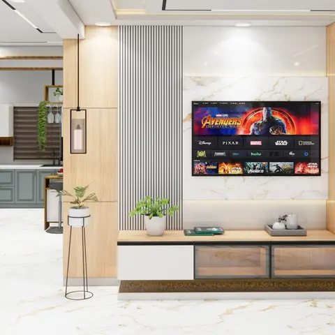 Render of a living room TV feature wall with fluted wood-and-white panelling, a lit marble backdrop, open display shelving