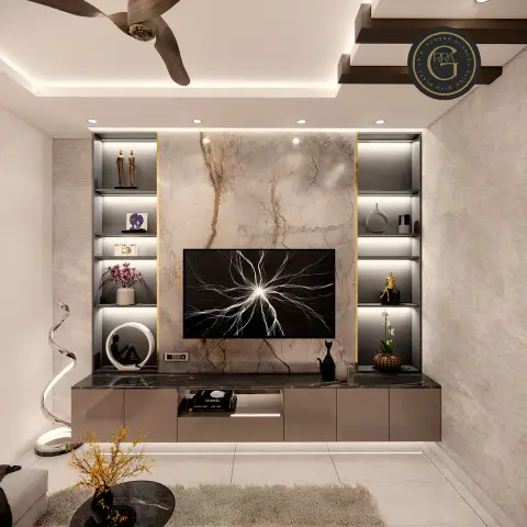 Render of a living room TV wall with a book-matched marble slab backdrop framed in gold trim, gold-lit display alcoves styled with sculptures and plants