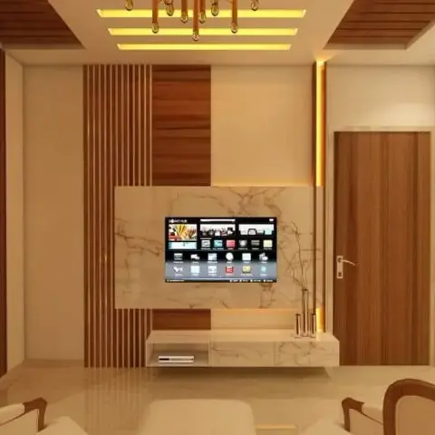 Render of a living room TV feature wall combining marble cladding and vertical wood fluting, lit by a cove-ceiling pendant chandelier.