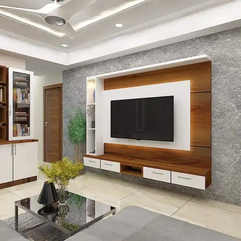 Render of a living room TV wall with a grey stone-textured panel, a wood-and-white floating TV console with a backlit niche