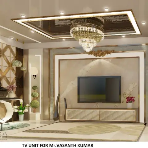 Render of a living room TV wall with a marble feature panel framed in gold, a crystal chandelier in a mirrored ceiling border