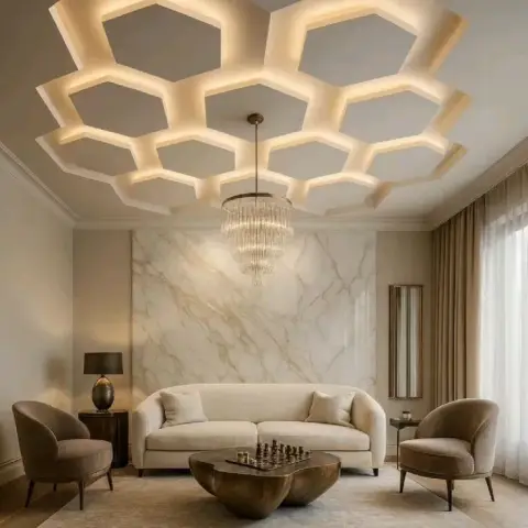 Render of a living room under a honeycomb ceiling of backlit hexagonal coffers, with a tiered crystal chandelier over a cream sofa